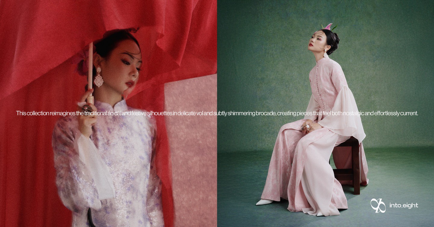 Các thiết kế trong Whispers of Blush tái hiện áo dài truyền thống qua lăng kính mềm mại và đương đại