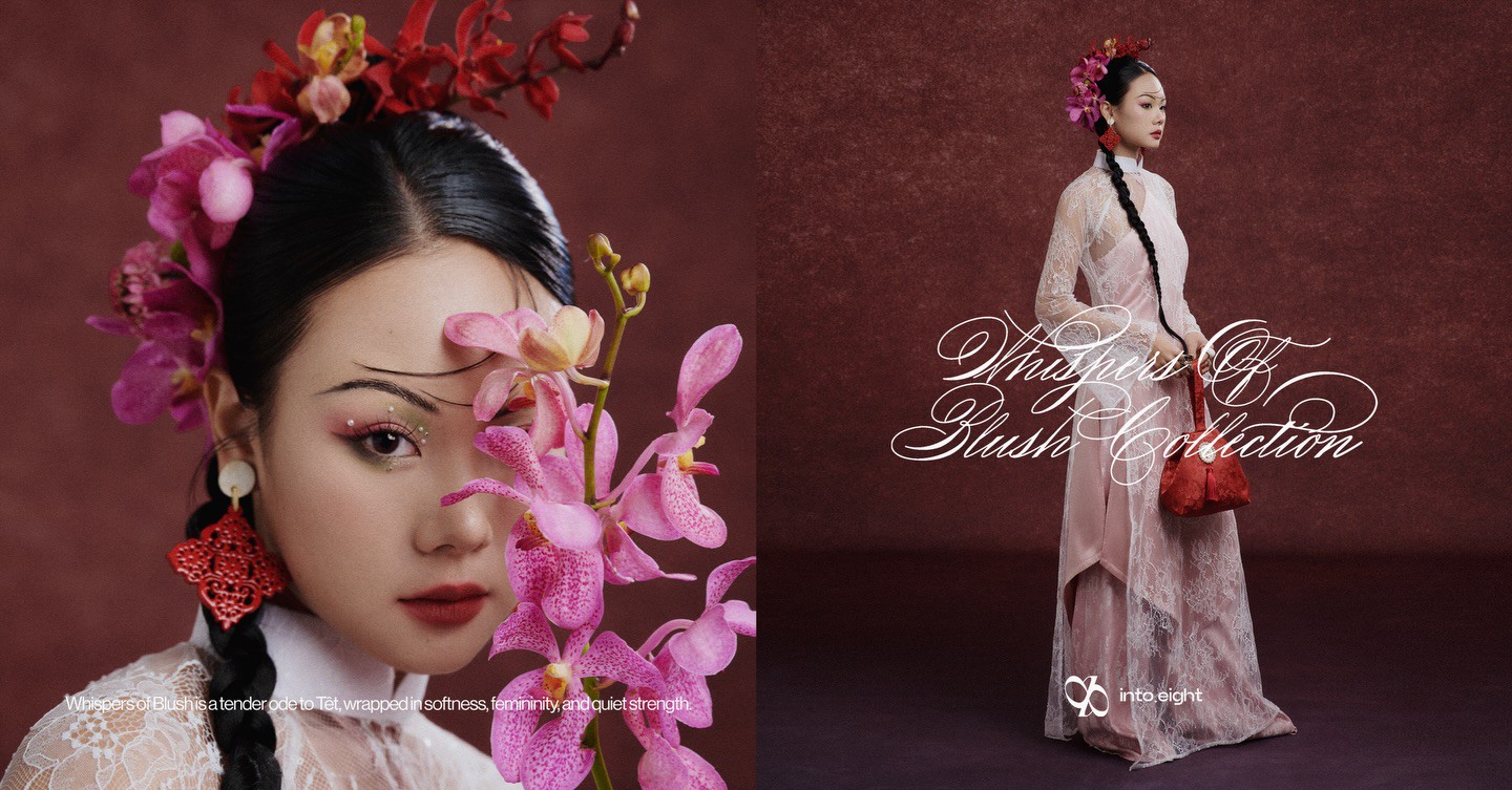 Các thiết kế trong Whispers of Blush tái hiện áo dài truyền thống qua lăng kính mềm mại và đương đại