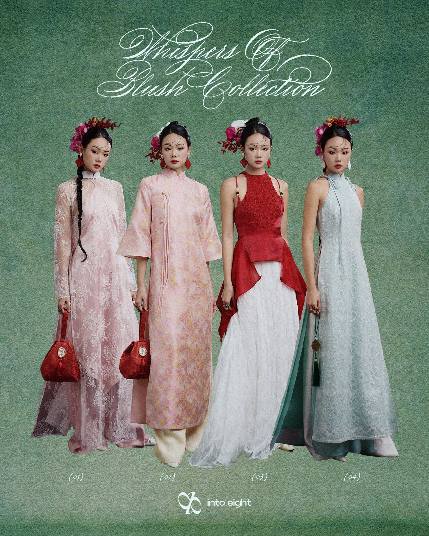 Bảng màu của bộ sưu tập xoay quanh những gam pastel, hồng phấn, đỏ trầm và xanh nhạt gợi liên tưởng đến sắc hoa, làn da và ánh sáng buổi sớm